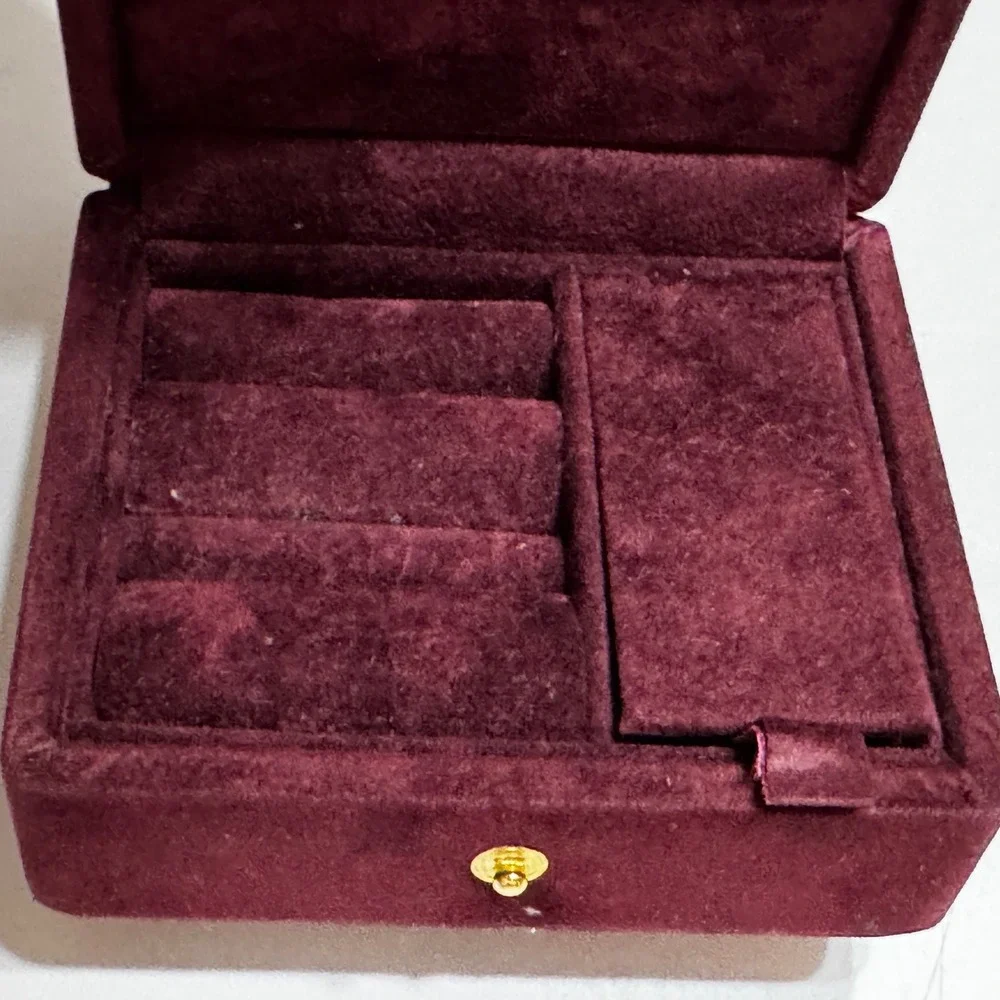 Vtg Burgundy Velvet Jewelry Box Gold Stripe Snap Closure Travel Case Organizer